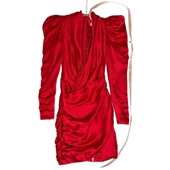 House Of CB Cocktail Dress Red Satin Long Sleeve V Neck Cocktail Dress Size XS - Picture 1 of 14